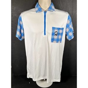 Tattoo Golf Mens S Golf Polo Shirt Zip White Blue Plaid Skull Club Crossbone